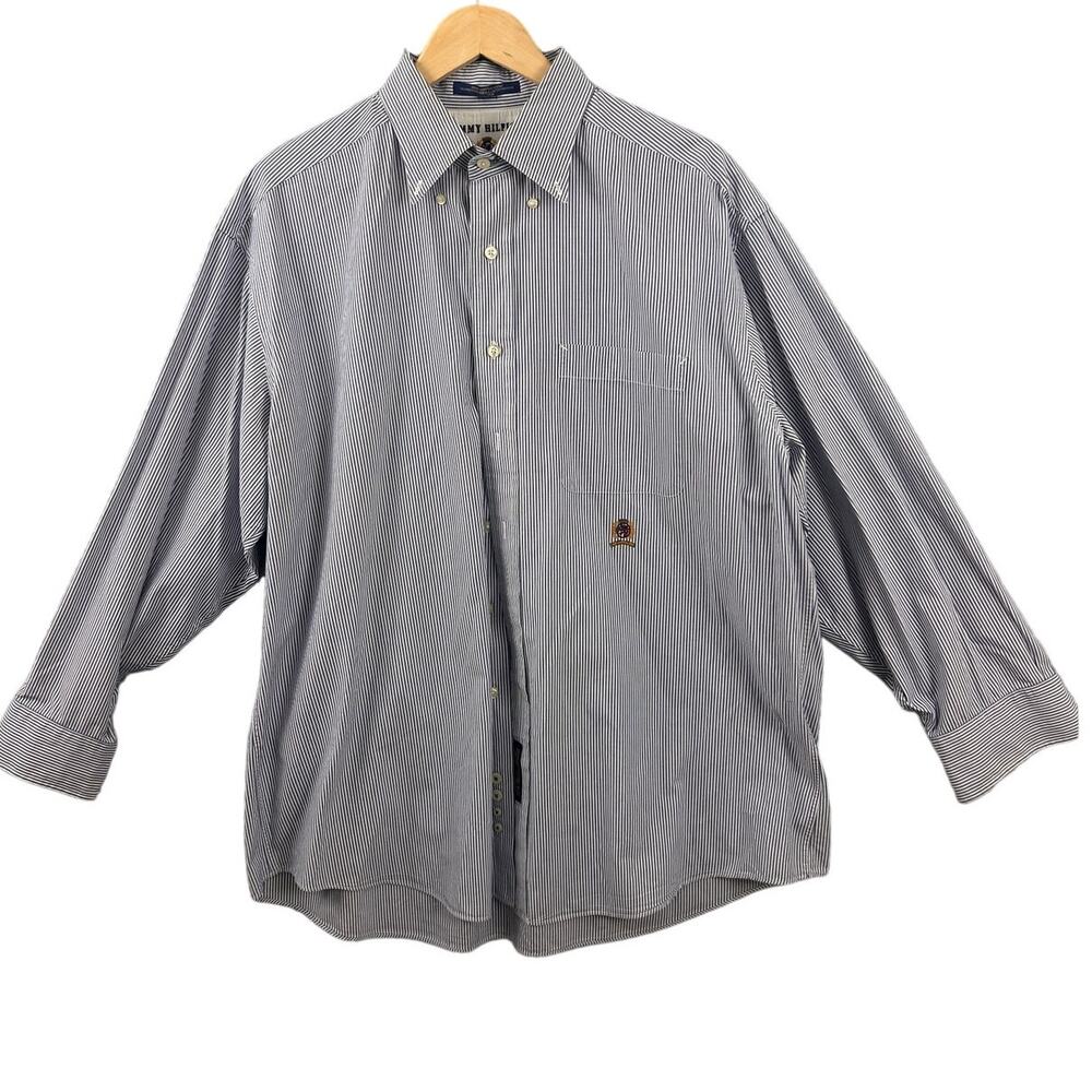 Tommy Hilfiger Men’s Button Down Shirt Blue White Stripe 16.5/33 XL Crest